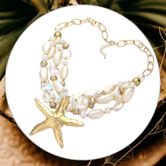 Modcloth Jewelry - Textured Gold Plated Starfish Pendant Pearl Pebble Beaded Layered Necklace NEW